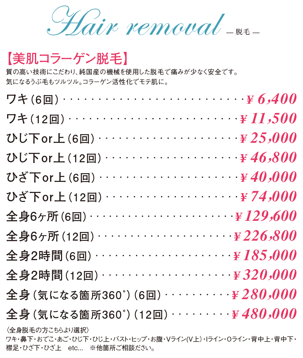脱毛メニュー一覧