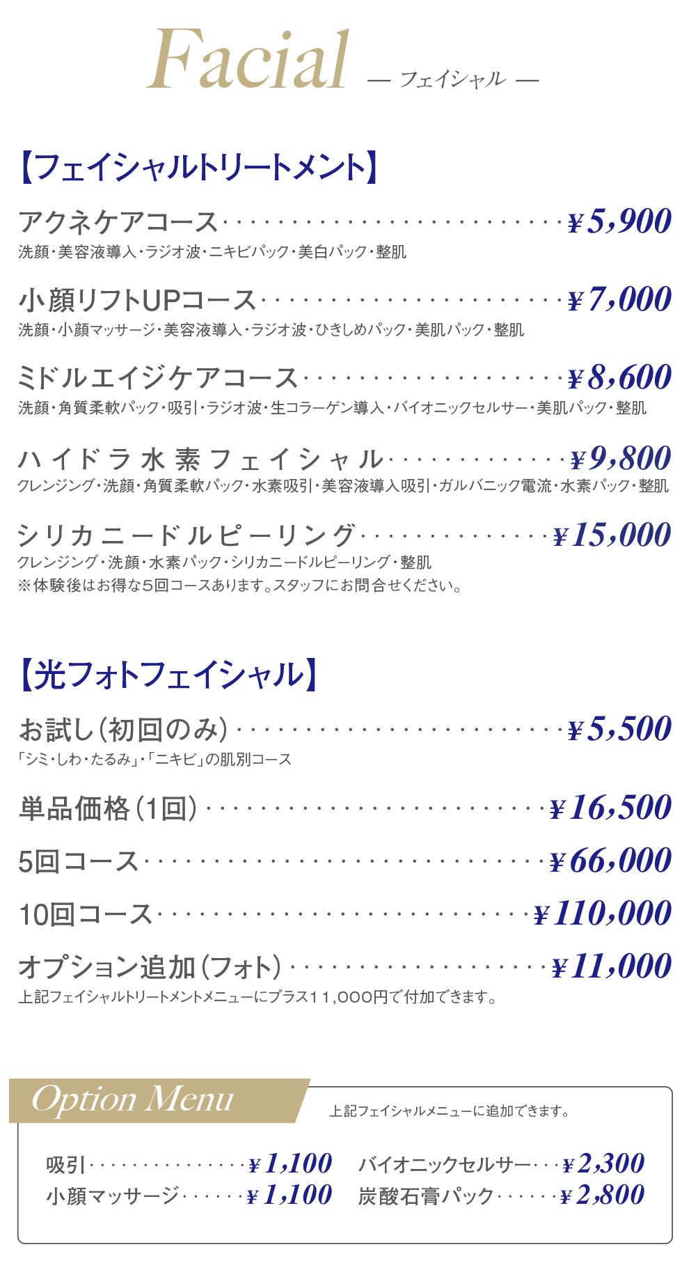 メンズフェイシャルメニュー