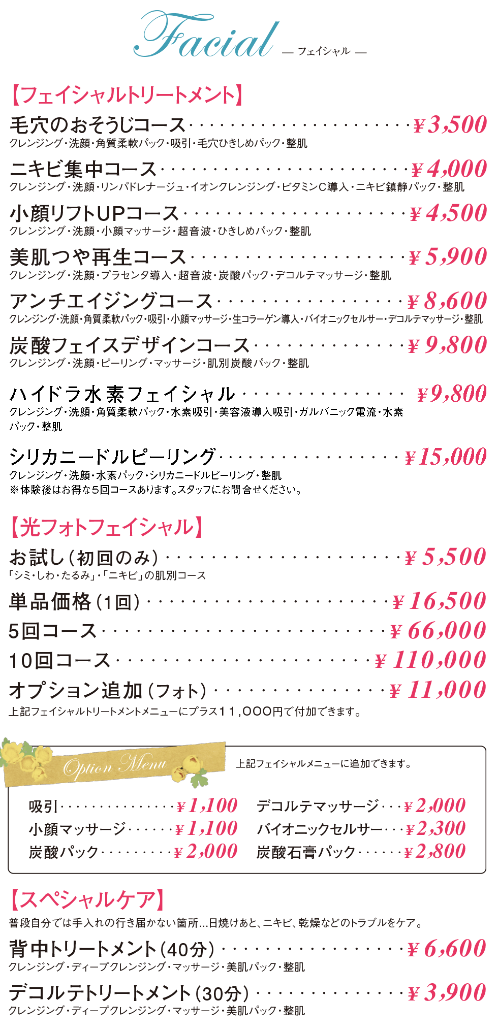 フェイシャルメニュー一覧